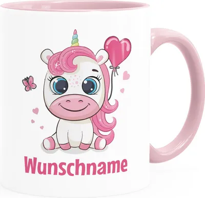 Produktbild von Kindertasse Keramik Einhorn Wunschname Herz personalisierte Namenstasse für Kinder Mädchen SpecialMe® weiss-innen-rosa standard