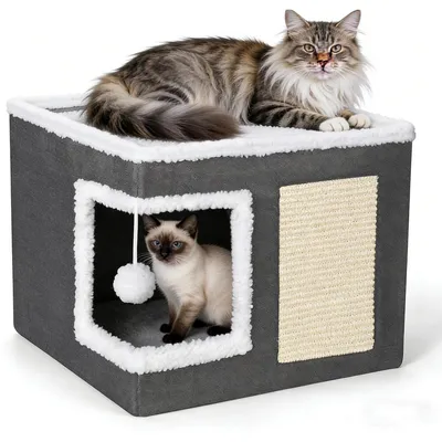 Immagine prodotto di Tana pieghevole per gatti con tiragraffi e pallina giocattolo, colore grigio, taglia S