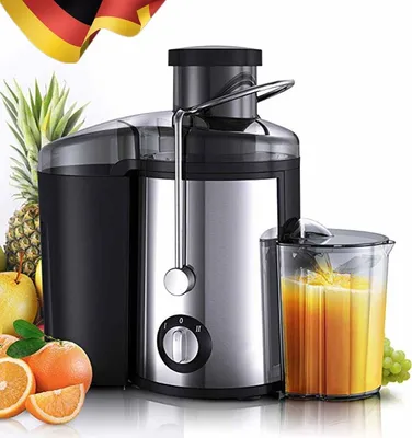 A juicer is shown with fruits and a glass of juice, with a German flag in the background.