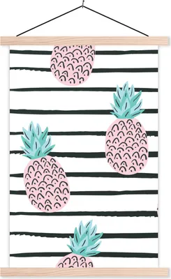 Produktbild von MuchoWow® Textilposter Sommer - Ananas - Streifen 60x90 cm mit holzfarbenen Rahmen - Textil