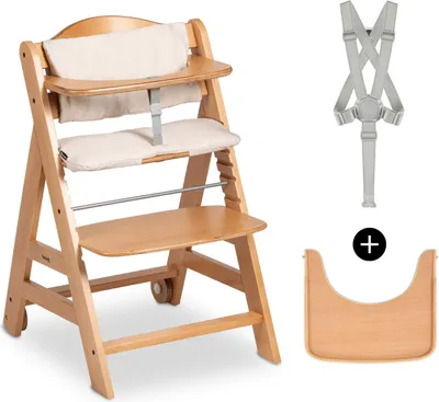 A wooden high chair with beige cushions and accessories displayed separately.