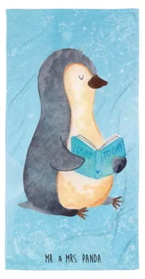 Produktbild von Mr. & Mrs. Panda Strandtuch Pinguin Buch - Eisblau - Geschenk, Pinguine, Lesen, Handtuch, Duschtuch, Frottee-Handtuch, Großes Badehandtuch, Nichtstun, Urlaub, Ausruhen
