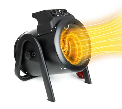 A black electric heater with a glowing orange heating element, emitting yellow heat waves.