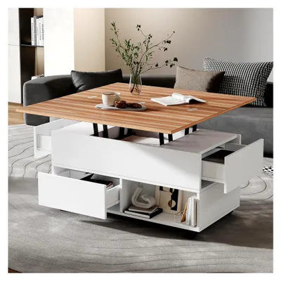 Produktbild von Couchtisch 100x50x52cm mit 4 Rollen, multifunktionaler Wohnzimmertisch mit 4 Schubladen, anhebbarer Kaffeetisch, höhenverstellbarer Sofatisch, Beistelltisch und Esstisch mit Stauraum, Weiß + Holzfarbe