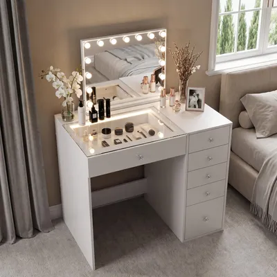 Image de Coiffeuse avec Miroir LED, 6 Tiroirs Blanc 92 x 55 x 127 cm