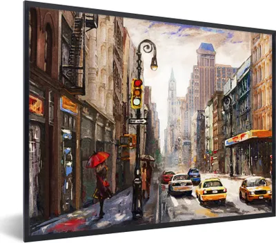 Produktbild von MuchoWow® Gerahmtes Poster Gemälde - Stadt - Auto - Öl 40x30 cm - Poster mit Schwarzem Bilderrahmen Wandposter Rahmen Foto Bilder - Kunstposter - Wanddekorationen