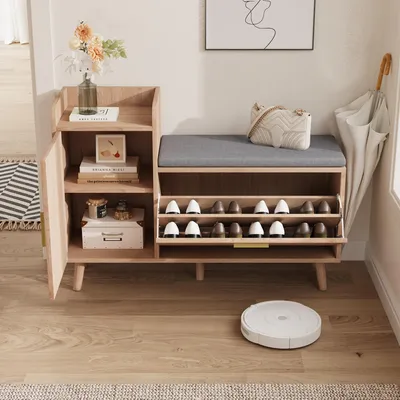 Zdjęcie produktu dla Szafka na buty z ławką, 2 szuflady i 2 półki, naturalne drewno, zdejmowane szare poduszki, 100 x 30 x 69,5 cm