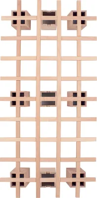 A wooden grid-like structure with cube-shaped compartments.