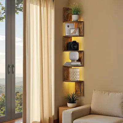 Produktbild von VASAGLE Eckregal mit LED-Beleuchtung, Wandregal 5 Ebenen, Schweberegal für Bücher, Bücherregal, Pflanzenregal für Schlafzimmer, Wohnzimmer, Badezimmer