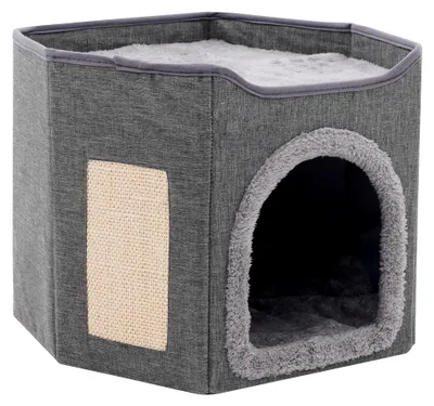 Produktbild von Faltbares Katzenhaus für große Katzen, Katzenhöhle mit Kratzbrett, 2-stöckige Katzenbetten, Katzenhaus für kleine und mittlere Haustiere, Grau