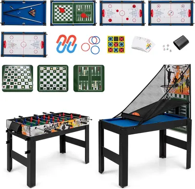 Produktbild von KOMFOTTEU 14 in 1 Spieltisch, Multifunktionstisch für Kinder & Erwachsene mit Tischfußball, Billard, Tischhockey, Tischtennis, Shuffleboard, Basketball, Bowling, Schach, Dame, Wurfspiel & Poker