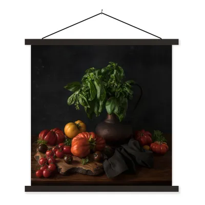 Produktbild von MuchoWow® Textilposter Stilleben - Tomaten - Basilikum - Gemälde - Gemüse - Schwarz 40x40 cm mit schwarzem Rahmen - Fotos