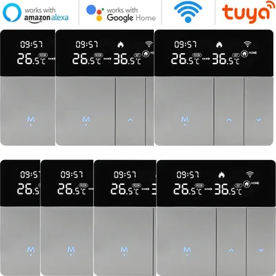 A collage of smart thermostat panels displayed in a grid.
