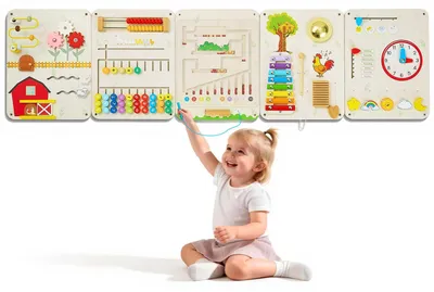 Imagen del producto de VEVOR, Tablero de actividades Montessori, 16 en 1, juego de pared de madera de 5 piezas, juguete sensorial para el aprendizaje y el desarrollo temprano, ideal para guarderías y hogares, con xilófono, reloj, engranajes y elementos educativos