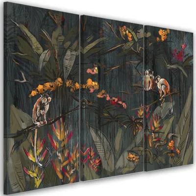 Produktbild von Triptychon auf leinwand affen im dschungel 120x80 cm Feeby schwarz wandbild bereit zum aufhängen