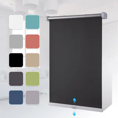 A dark gray roller blind is shown hanging from a silver rod, with various color swatches displayed to the left.