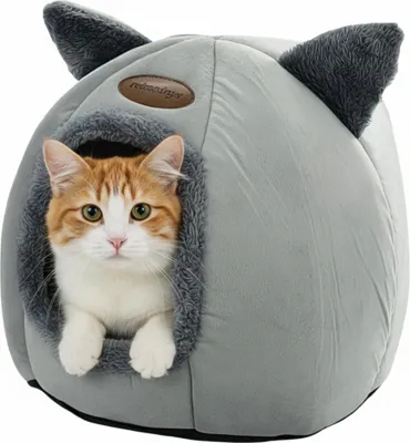 Image de Relaxdays : niche pour chat avec oreilles, panier pour chat avec coussin amovible, H x P 37 x 44 cm, tissu moelleux, gris