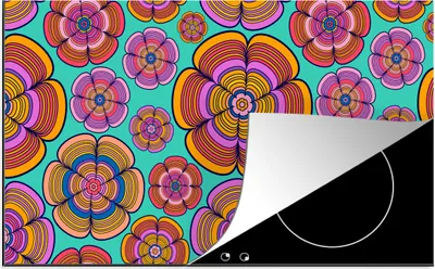 Produktbild von KitchenYeah© Herdabdeckplatte Design - Flower Power - Farben , 91x52cm, Küche Deko, Glaskeramikkochfeld Herdabdeckung, Abdeckplatte fùr Kochfeld