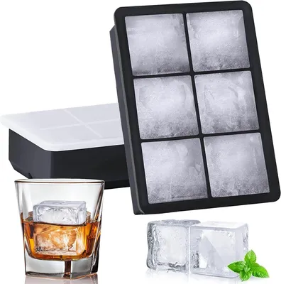Produktbild von Silikon-Eiswürfelformen - 2 Stück - Große, quadratische Eiswürfelformen mit 6 Fächern und einem auslaufsicheren Deckel - XL-Eiswürfelformen für Whisky