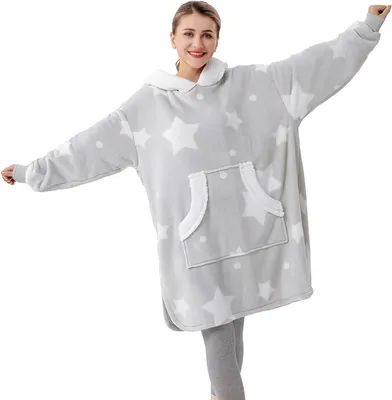 Produktbild von Kapuzenpullover (Flanell Hoodie, Übergröße Pullover) Sweatshirt Decke, Kuschelpullover Für Damen Herren, Farbe: Grau mit Stern