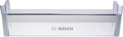 A clear plastic refrigerator shelf with the Bosch logo.