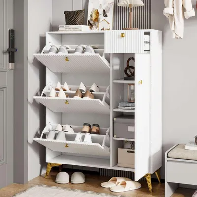 Imagen del producto de Armario para zapatos AIORBER con 3 puertas y un cajón. Zapatero estrecho para pasillos y recibidores. Armario para zapatos que ahorra espacio con puerta. Diseño de madera y metal. 90x25x121 cm. Blanco