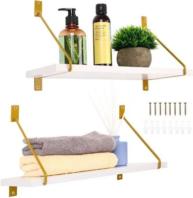 Produktbild von Unyqoos® 2er-Set Wandregale aus MDF – weißes Regalbrett mit goldfarbenem Metallrahmen, 40 x 14,8 cm, Tragkraft 9 kg