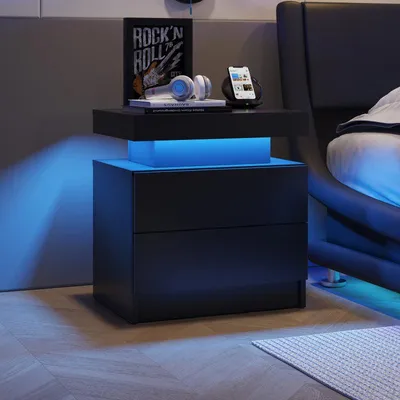Image de Table de chevet LED noire à 2 tiroirs, table d'appoint moderne avec éclairage pour chambre à coucher