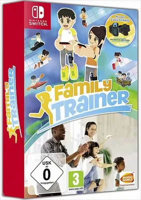 The image shows the front packaging of the Nintendo Switch game 'Family Trainer', which includes two leg straps.
