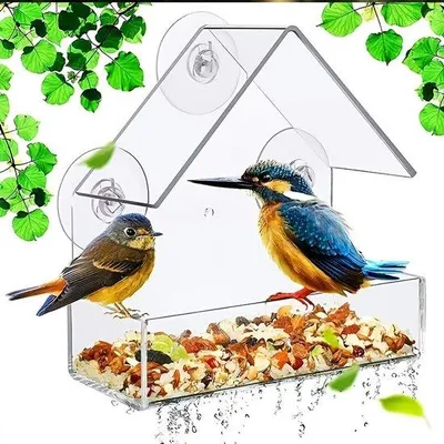 Produktbild von Transparante Vogelhäuschen für Fenster, Vogelhäuschen für Fenster mit Klebezubehör, Vogelfutterbox für Fenster, 15 x 6,5 x 15 cm