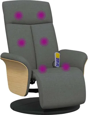 A recliner massage chair with a footrest and a remote control, shown from a three-quarter angle against a white background.