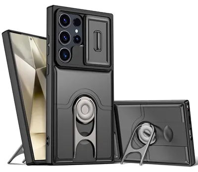 Obrázek produktu pro Pouzdro pro Samsung Galaxy S23 Ultra, Posuvným krytem fotoaparátu a kroužkovým stojánkem, nárazuvzdorné ochranné pouzdro Černá