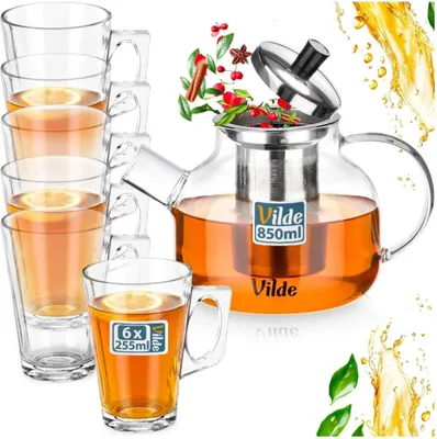 Produktbild von Vilde | Kanne mit Teesieb - Glas - 850 ml - mit Gläsern mit Henkel 255 ml - 6 Stück