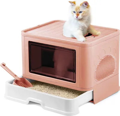 Produktbild von Faltbar Katzentoilette mit ausziehbarer Schale Katzenklo mit Schaufel Tragbar 48.5*36.5*38cm Rosa