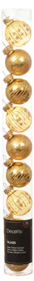 Neun kleine goldene Weihnachtskugeln aus Glas in verschiedenen Oberflächenstrukturen, verpackt in einer vertikalen Klarsichtbox.