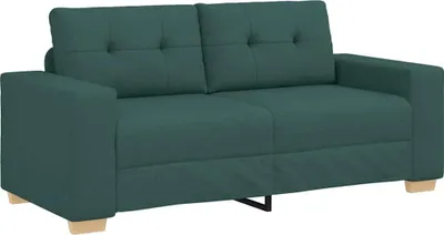 A dark green loveseat sofa with tufted back cushions and light brown wooden legs, shown from a front-facing angle against a white background.