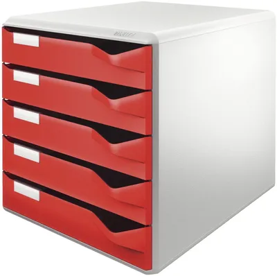 Zdjęcie produktu dla Leitz 5280-00-25 5280 Schubladenset Post-Set - A4/C4, 5 halboffene Schubladen, lichtgrau/rot