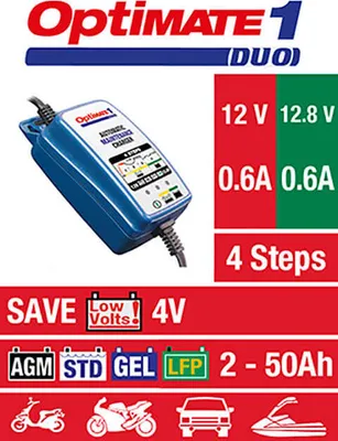 Image de OPTIMATE 1 DUO (TM402-D), 12V/12,8V, 0,6A, chargeur à 4 étapes pour 2-20Ah Std/AGM/GEL/LFP