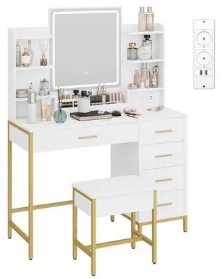 Produktbild von Schminktisch mit Hocker, HD-Spiegel, LED-Licht, Steckdose, USB, 5 Schubladen, Weiß/Gold