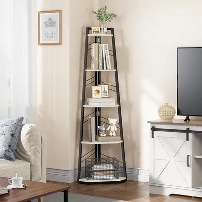 Produktbild von Industriële 5-niveaus hoeklader aus Holz - moderne Ständer - offene Regale für Wohnzimmer und Büro