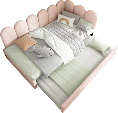 Produktbild von okwish Polsterbett Daybett Kinderbett 90x200cm, Schlafsofa mit Ausziehbett 90x190cm,  mit Lattenrost, Samt, Rosa, ohne Matratze