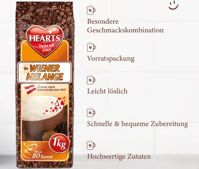 Produktbild von HEARTS Cappuccino Wiener Melange 20 x 1kg - Intensives Aroma, Milchig & Cremig