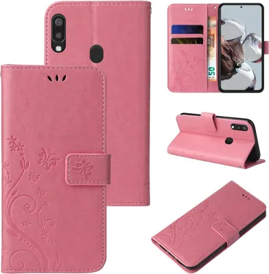Produktbild von Handyhülle für Samsung Galaxy A20e Floral Blumen Schmetterling Flip Cover Hülle Case Klapphülle Handytasche Farbe: Rosegold