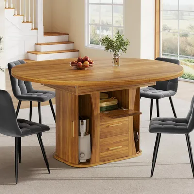 Immagine prodotto di Tavolo allungabile rotondo, trasformabile in ovale, con diametro da 118 a 158 cm, in legno di noce, per un massimo di 6 persone