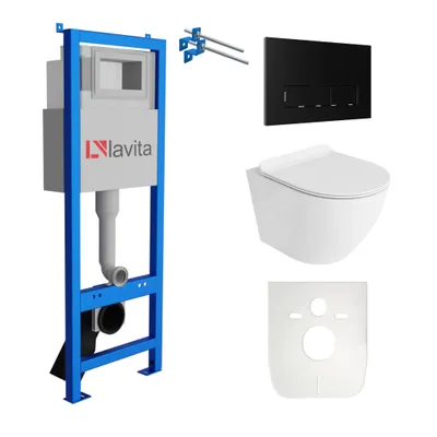 Produktbild von Lavita LAV 101 Vorwandelement für WC 40cm + Wand Hänge Tiefspül WC SOFI SLIM Weiß Spülrandlos + Bedienplatte LAV 200.3.4 Schwarz | Komplettset | Unterputz Spülkasten | Toilette Komplett Sett
