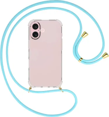 Produktbild von Handykette Backcover-Schutzhülle mit Band (Metall goldfarben) für iPhone 16 - himmelblau