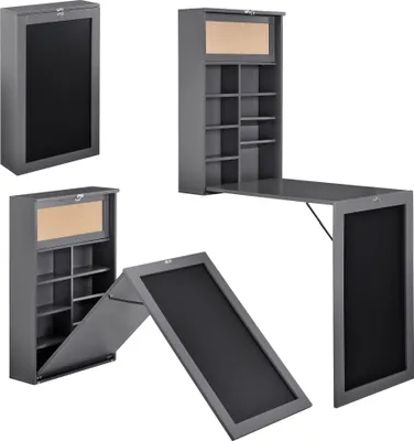 A collage of images showing a dark gray folding desk with a chalkboard and a corkboard, displayed in different configurations.