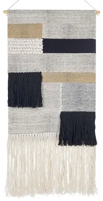 Produktbild von BELIANI Wanddekoration Beige und Schwarz Baumwolle Handgemacht mit Fransen Boho Chic Wandbehang Wanddeko Türdeko Fensterdeko Schlafzimmer Wohnzimmer