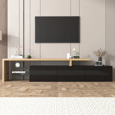 Produktbild von Modernes TV-Schrank-Design Stilvolle Schwarz Eleganz praktischer Stauraum Hochglänzendes Holzoptik Glasböden LED-Beleuchtung