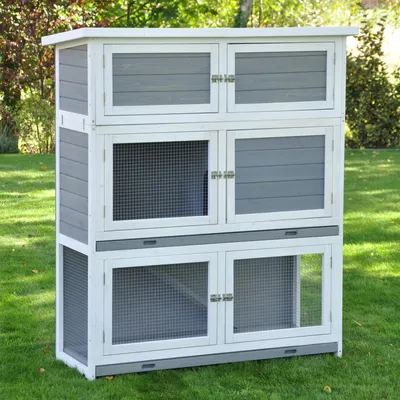 Produktbild von Kleintierstall grau/weiß – 2 Stall-Ebenen, Staufach & Metallwannen – 122 × 48 × 141 cm